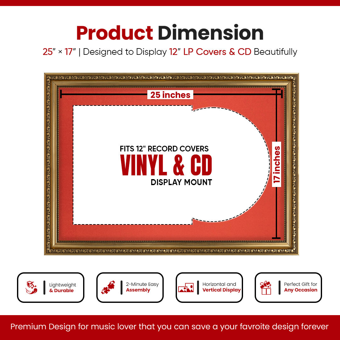 25x17" Ornate Gold Vintage Vinyl Record Frame With Poppy Red Mount For 12" LP Cover & Disc (Overlapped)