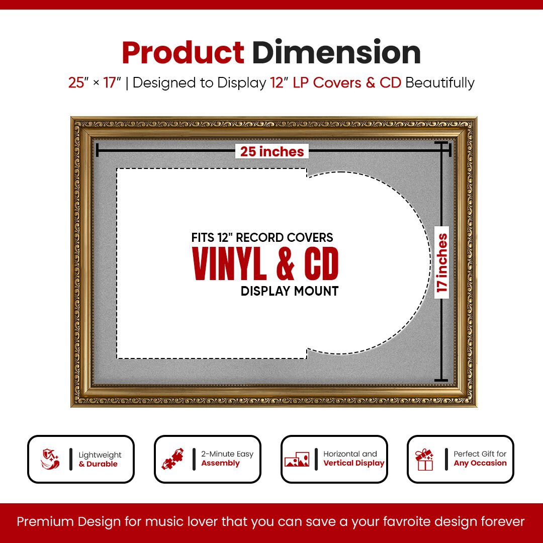 25x17" Ornate Gold Vintage Vinyl Record Frame With Silver Mount For 12" LP Cover & Disc (Overlapped)