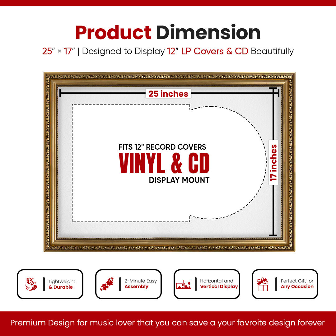 25x17" Ornate Gold Vintage Vinyl Record Frame With Ice White Mount For 12" LP Cover & Disc (Overlapped)