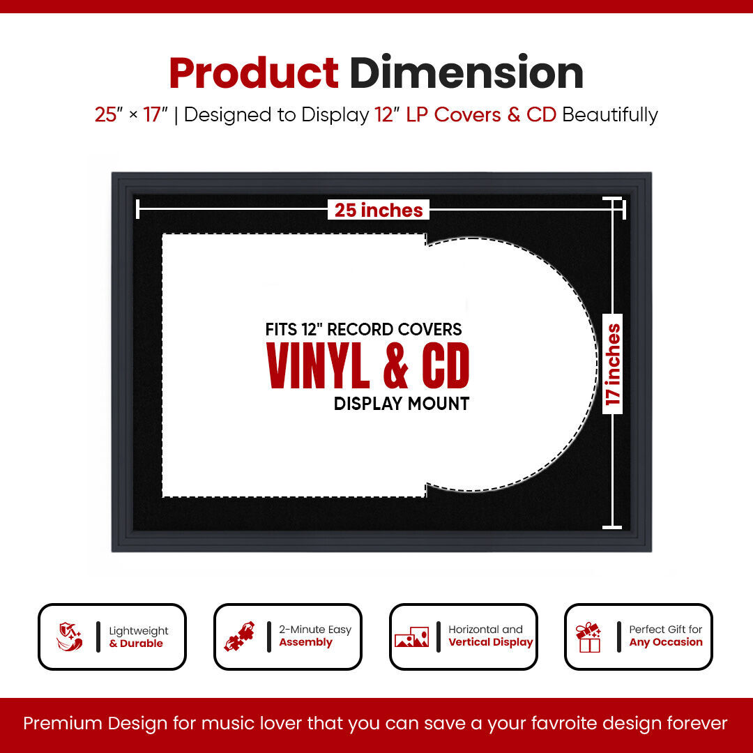 25X17" Black Step Vinyl Record Frame With Black Mount For Overlapped 12" LP Cover & Disc