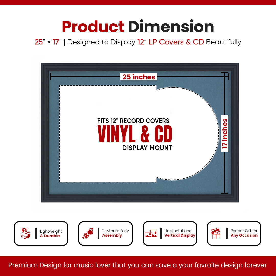 25X17" Black Step Vinyl Record Frame With Pompador Mount For 12" LP Cover & Disc - Vinyl Overlapped Design