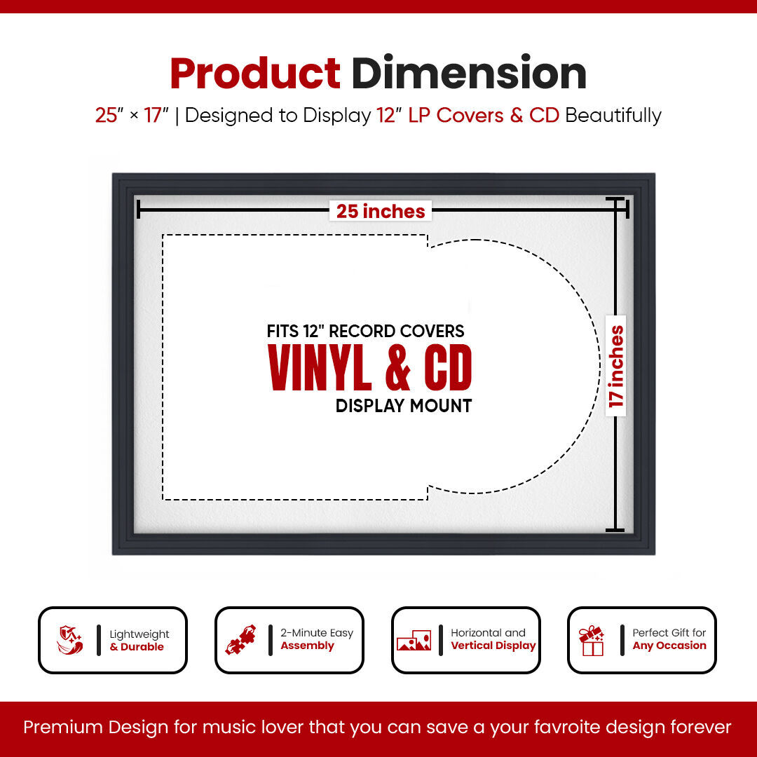25X17" Black Step Vinyl Record Frame With Ice White Mount For Overlapped 12" LP Cover & Disc
