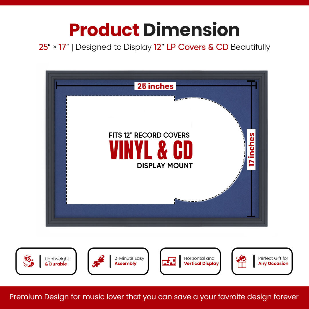 25X17" Dark Grey Step Vinyl Record Frame With Blue Mount For 12" LP Cover & Disc - Vinyl Overlapped Design