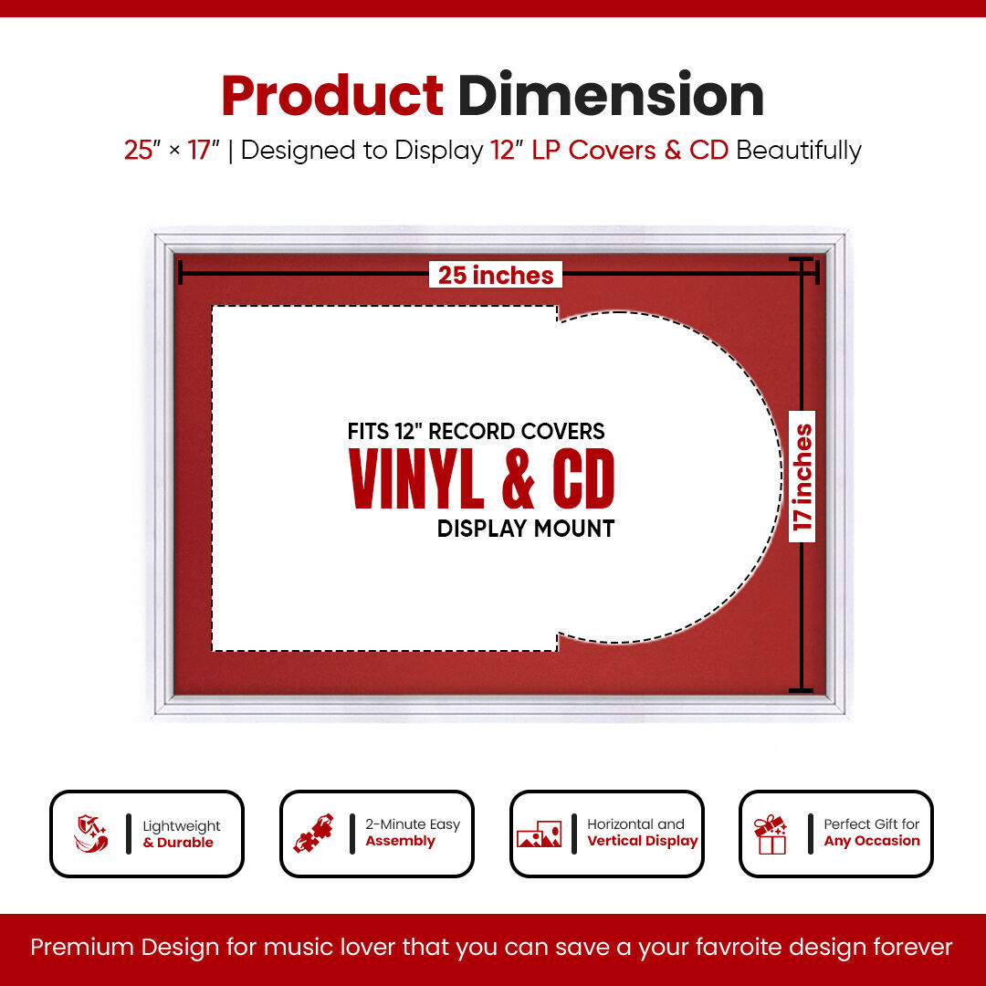 25X17" White Step Vinyl Record Frame With Crimson Mount For 12" LP Cover & Disc - Vinyl Overlapped Design