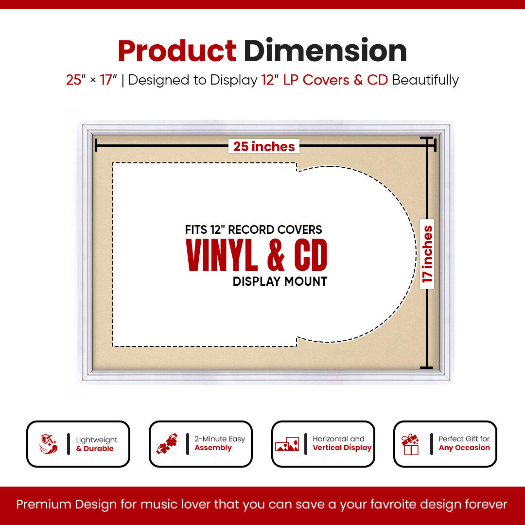 25X17" White Step Vinyl Record Frame With Ivory Mount For 12" LP Cover & Disc - Vinyl Overlapped Design