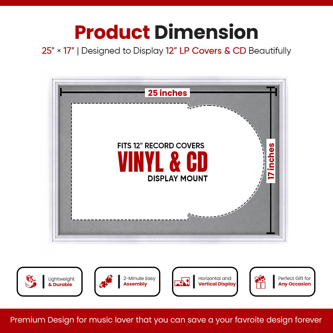 25X17" White Step Vinyl Record Frame With Mid Grey Mount For 12" LP Cover & Disc (Overlapped)