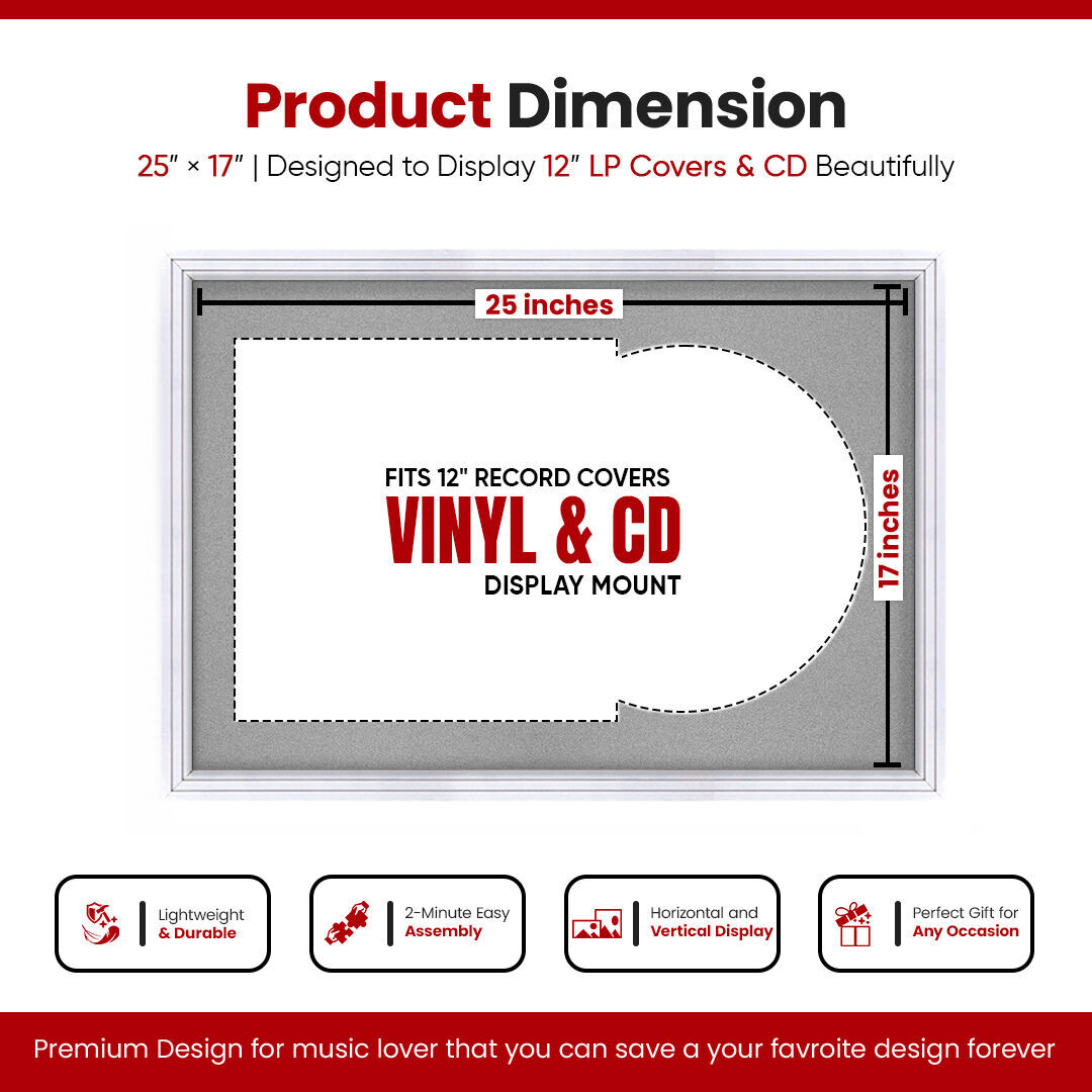 25X17" White Step Vinyl Record Frame With Silver Mount For Overlapped 12" LP Cover & Disc