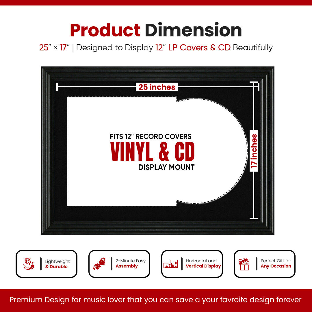 25X17" Black Swept Vinyl Record Frame With Black Mount For 12" LP Cover & Disc - Vinyl Overlapped Design