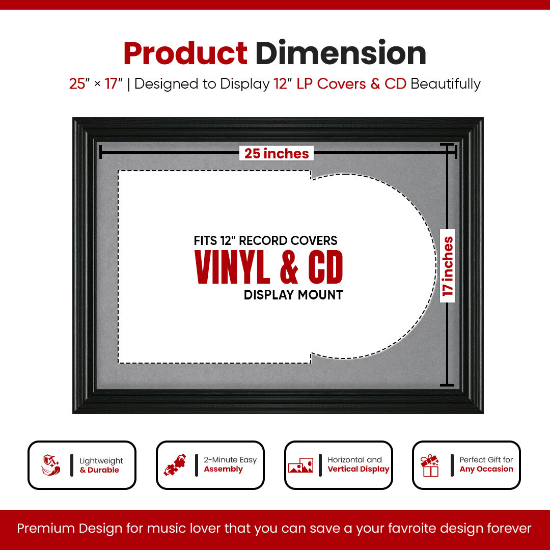 25X17" Black Swept Vinyl Record Frame With Mid Grey Mount For Overlapped 12" LP Cover & Disc - Elegant Display Design