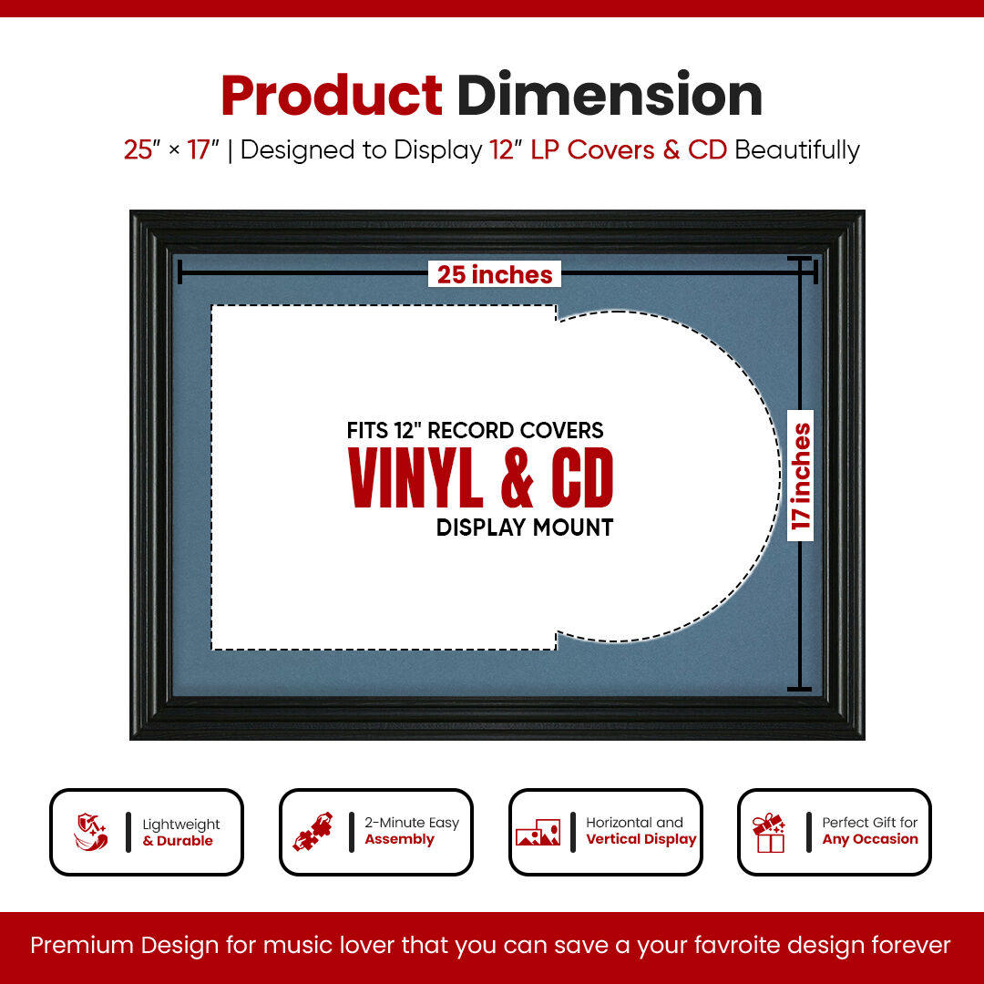 25X17" Black Swept Vinyl Record Frame With Pompador Mount For 12" LP Cover & Disc - Vinyl Overlapped Design