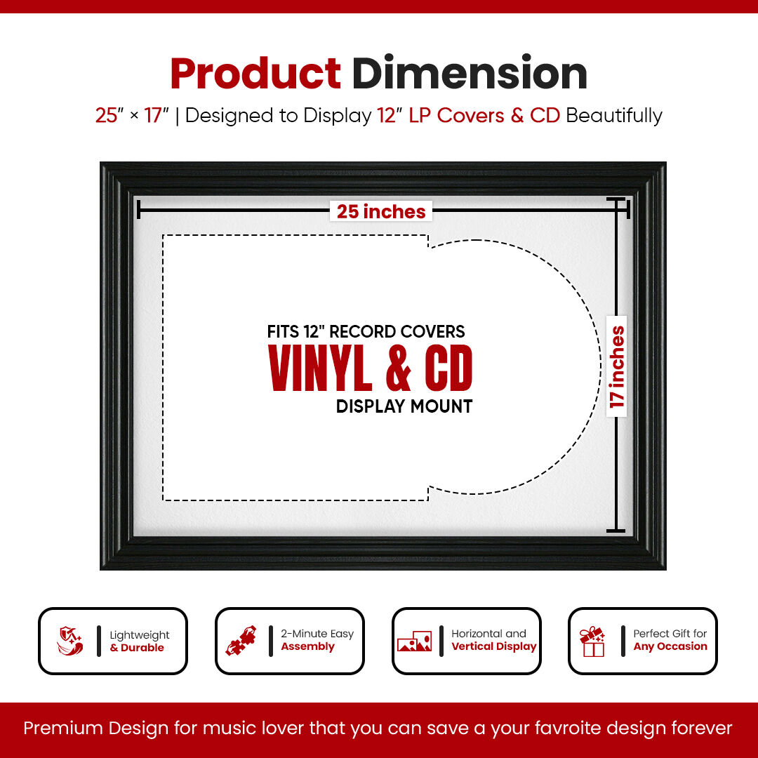 25X17" Black Swept Vinyl Record Frame With Ice White Mount For Overlapped 12" LP Cover & Disc