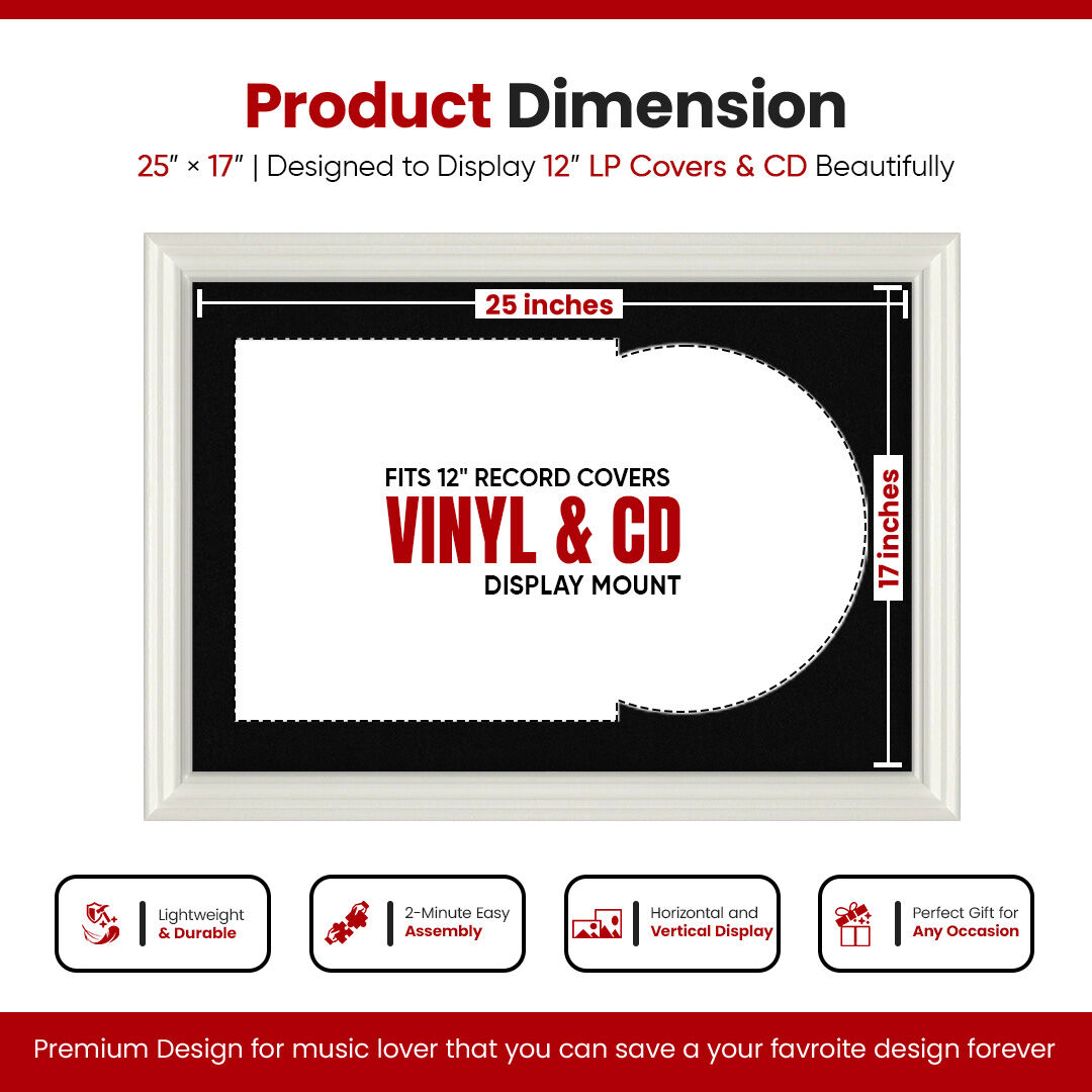 25X17" White Swept Vinyl Record Frame With Black Mount For 12" LP Cover & Disc (Overlapped)