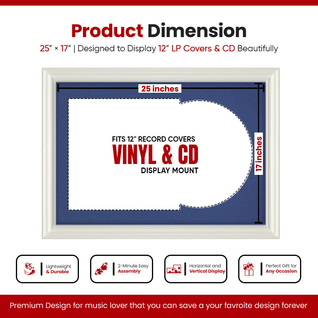 25X17" White Swept Vinyl Record Frame With Blue Mount For 12" LP Cover & Disc - Vinyl Overlapped Design