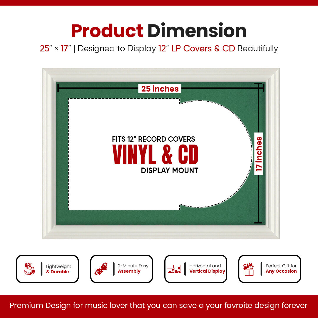 25X17" White Swept Vinyl Record Frame With Emerald (Green) Mount For 12" LP Cover & Disc (Overlapped)