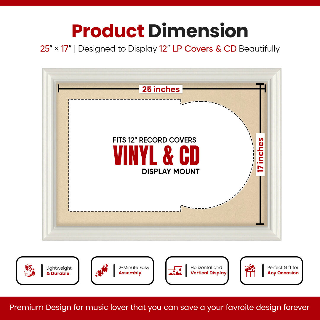 25X17" White Swept Vinyl Record Frame With Ivory Mount For 12" LP Cover & Disc (Overlapped)