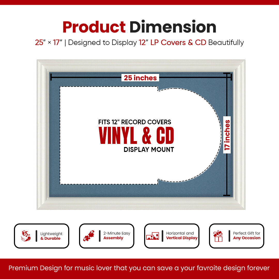 25X17" White Swept Vinyl Record Frame With Pompador Mount For Overlapped 12" LP Cover & Disc - Elegant Display Design
