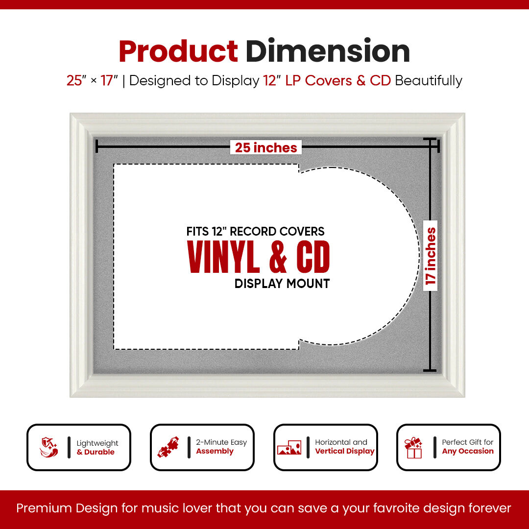 25X17" White Swept Vinyl Record Frame With Silver Mount For 12" LP Cover & Disc (Overlapped)