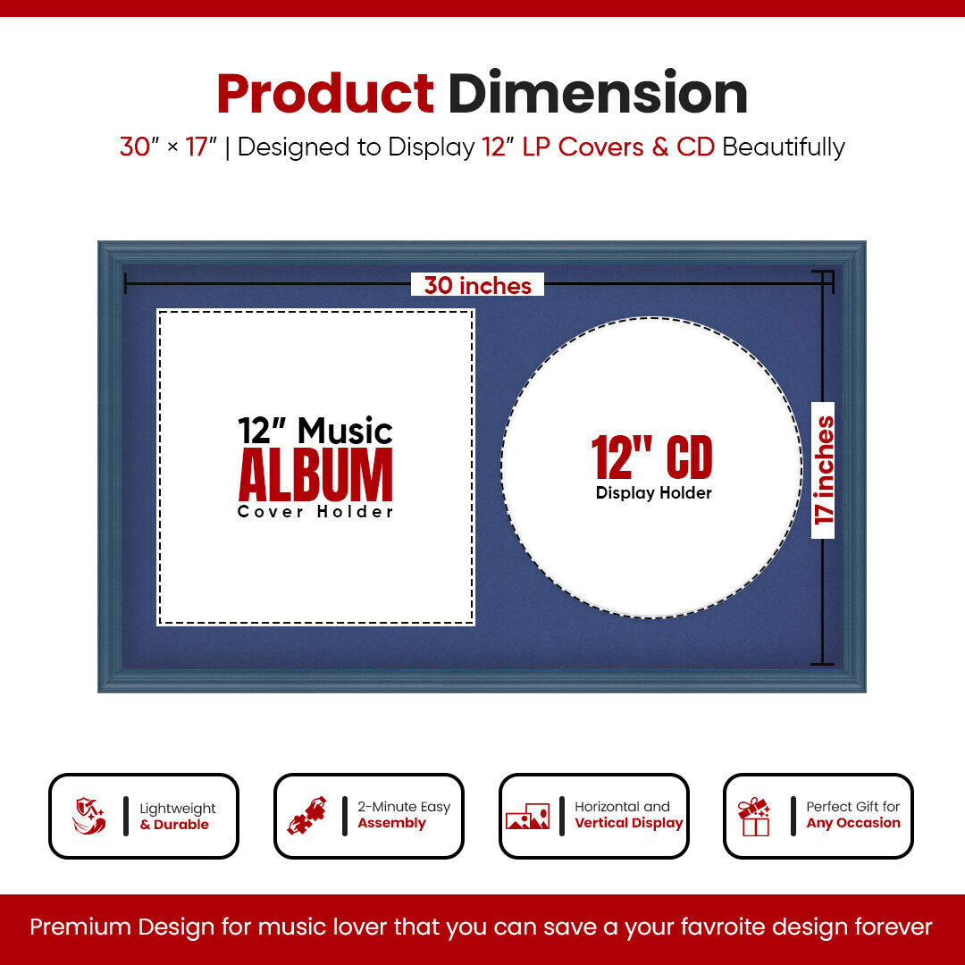 30X17" Navy Blue Classic Vinyl Record Frame With Blue Mount For Side-by-Side 12" LP Cover & Disc - Elegant Wall Display