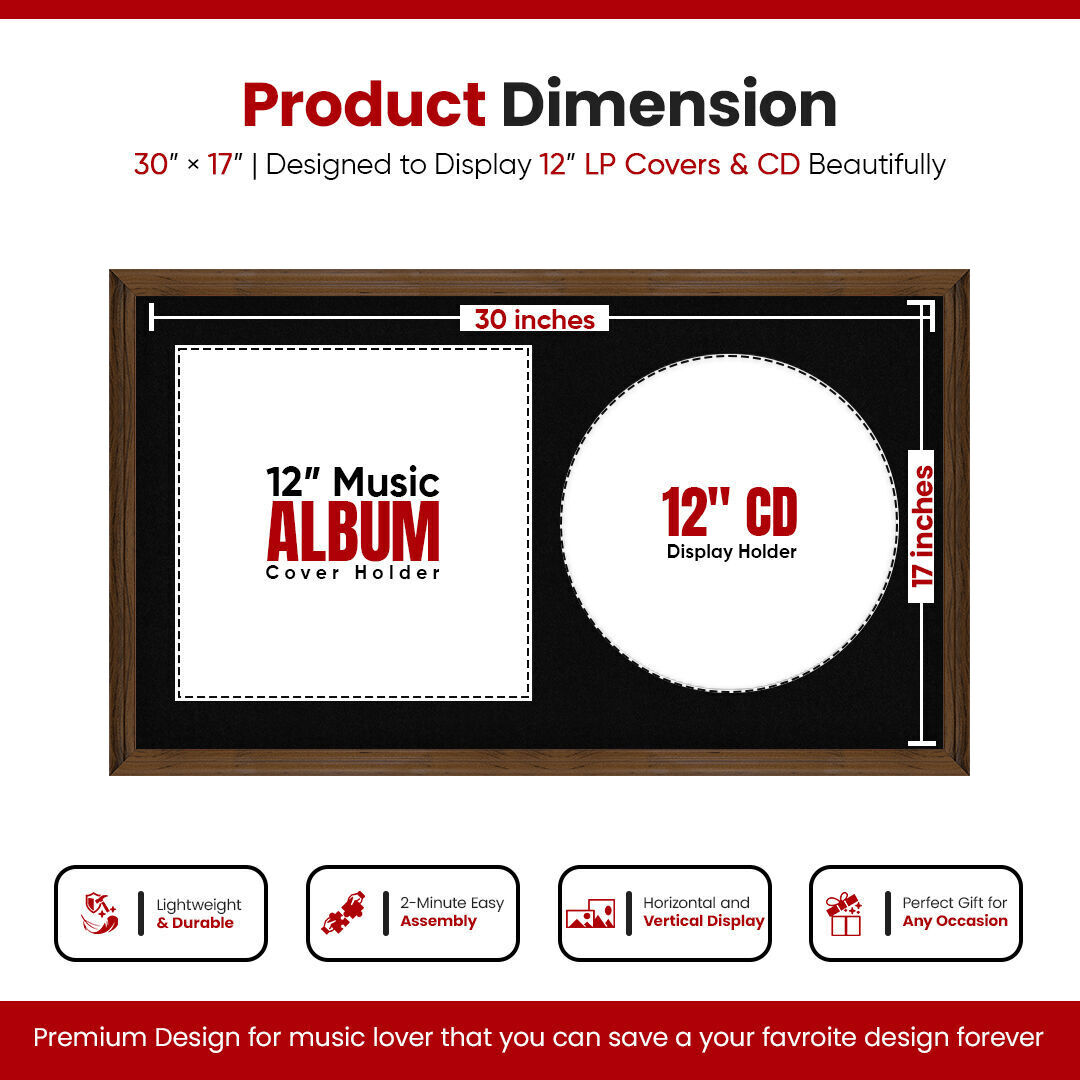 30X17" Walnut Classic Vinyl Record Frame With Black Mount For Side-by-Side 12" LP Cover & Disc - Elegant Wall Display