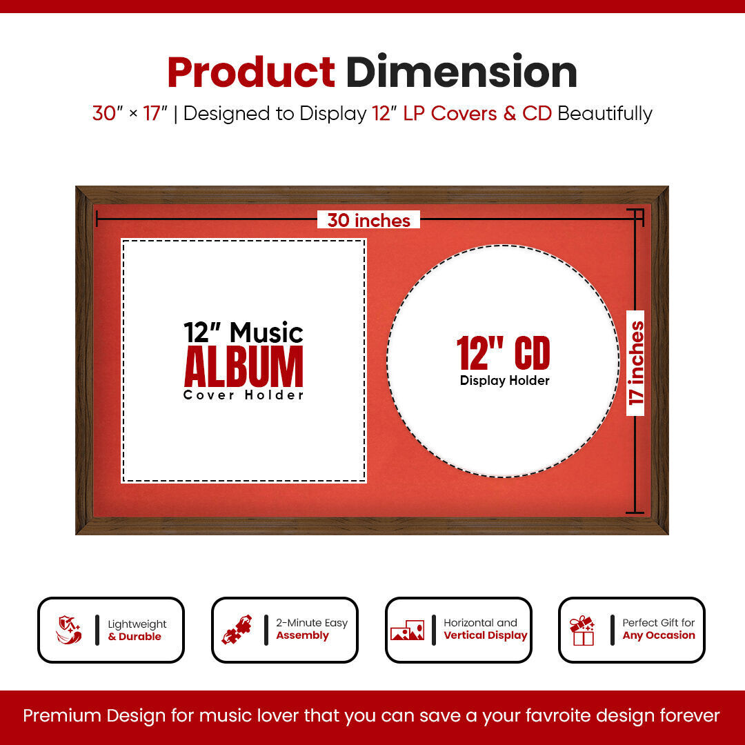 30X17" Walnut Classic Vinyl Record Frame For Side-by-Side 12" LP Cover & Disc With Poppy Red Mount - For Music Lovers