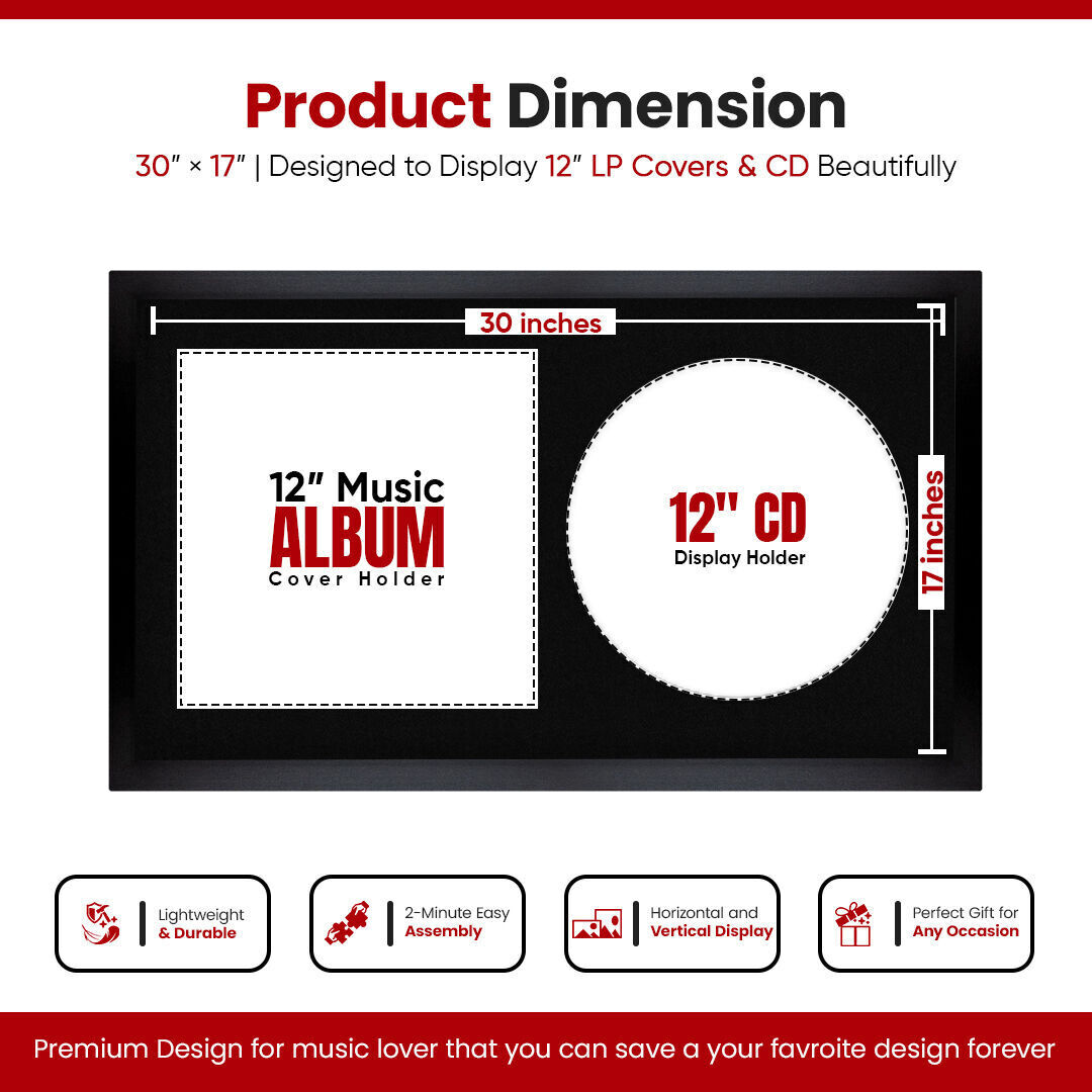 30X17" Black Modern Sleek Vinyl Record Frame With Black Mount For Side-by-Side 12" LP Cover & Disc