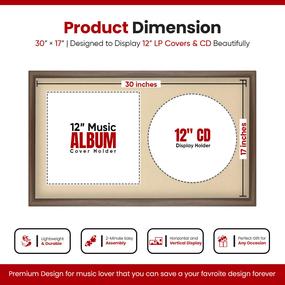 30X17" Walnut Modern Sleek Vinyl Record Frame With Ivory Mount For Side-by-Side 12" LP Cover & Disc - Elegant Wall Display
