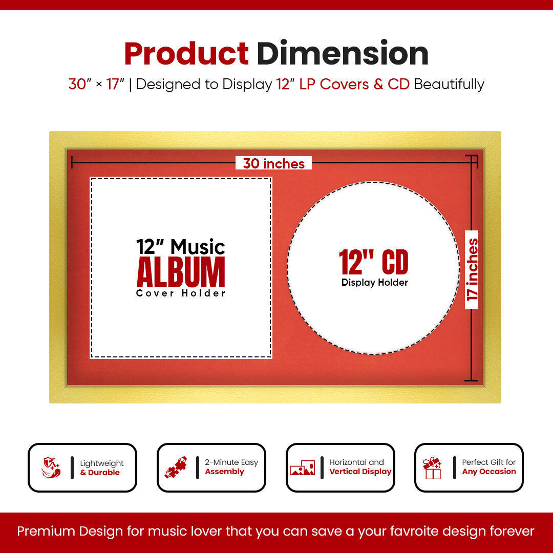 30X17" Gold Modern Vinyl Record Frame With Poppy Red Mount For Side-by-Side 12" LP Cover & Disc