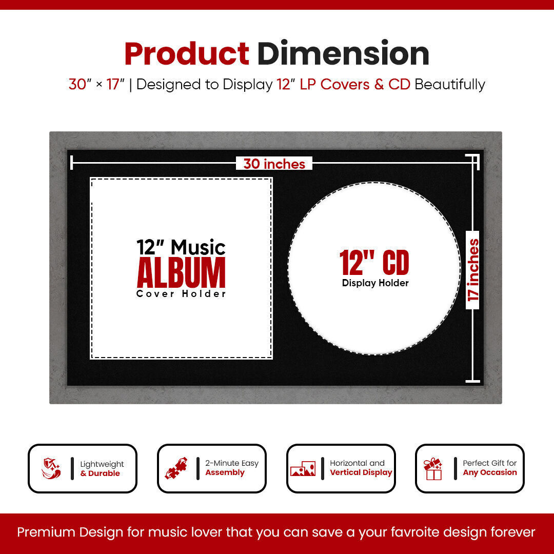 30X17" Grey Marble Modern Vinyl Record Frame With Black Mount For Side-by-Side 12" LP Cover & Disc - Elegant Wall Display