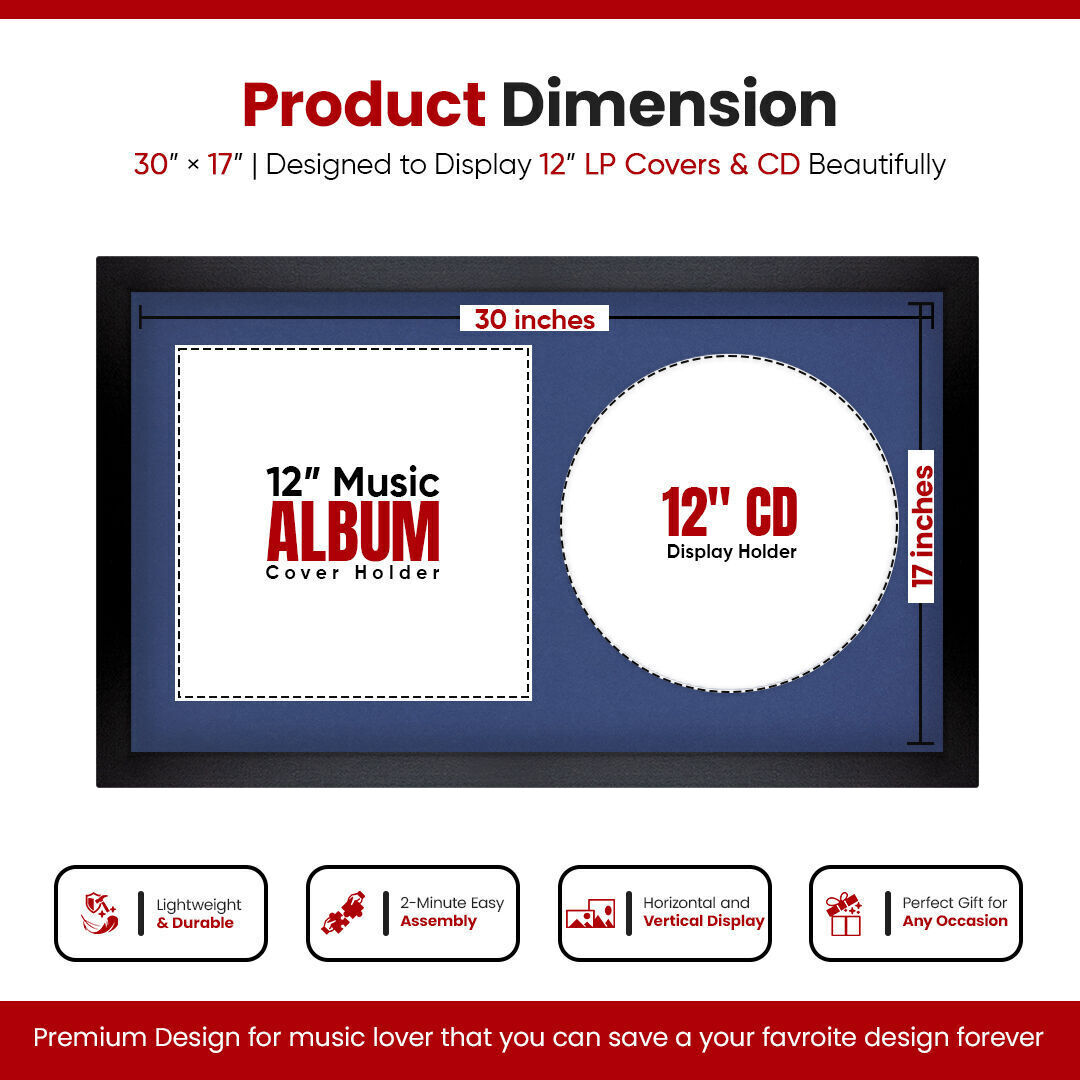 30X17" Mat Black Modern Vinyl Record Frame For Side-by-Side 12" LP Cover & Disc With Blue Mount - For Music Lovers