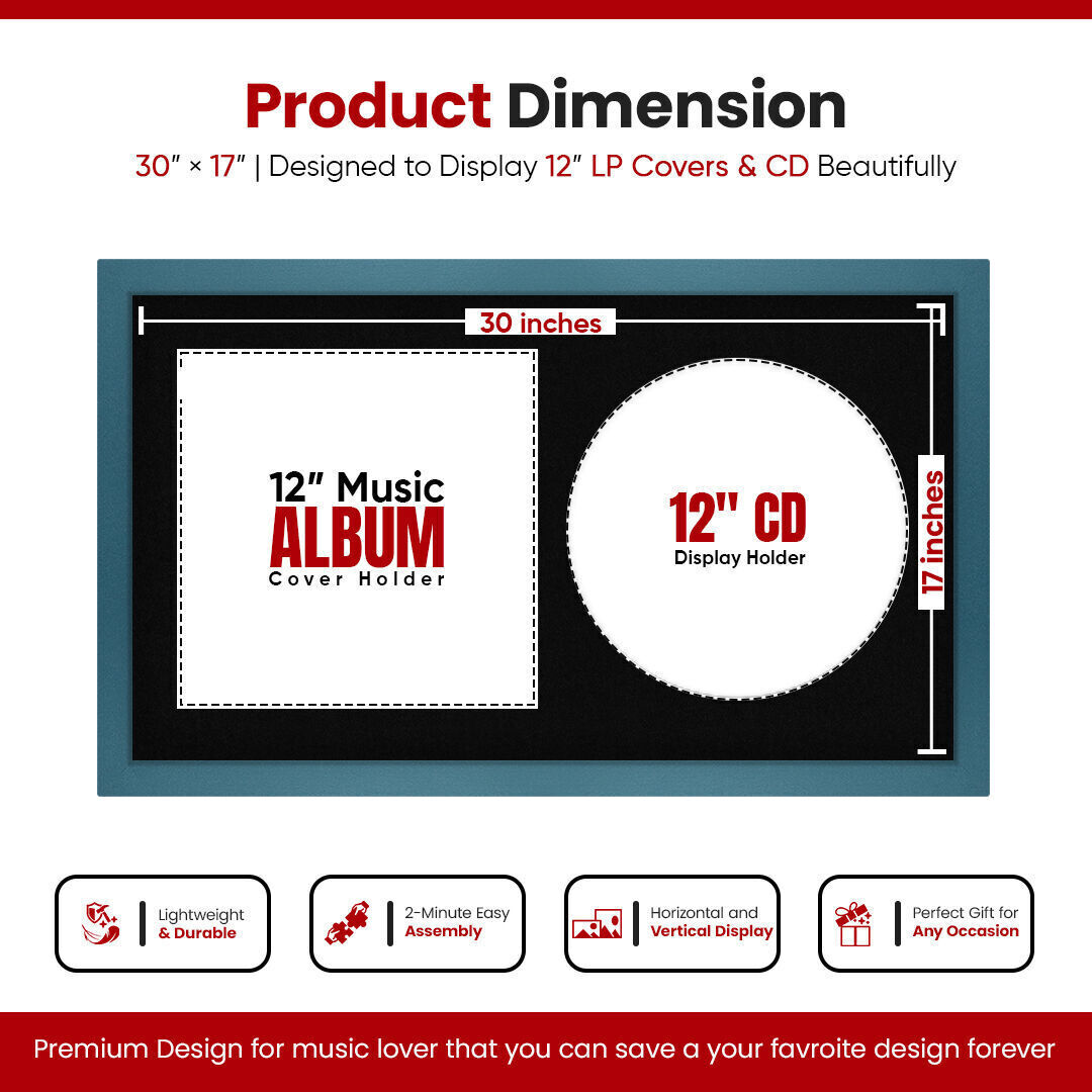 30X17" Navy Blue Modern Vinyl Record Frame For Side-by-Side 12" LP Cover & Disc With Black Mount - For Music Lovers