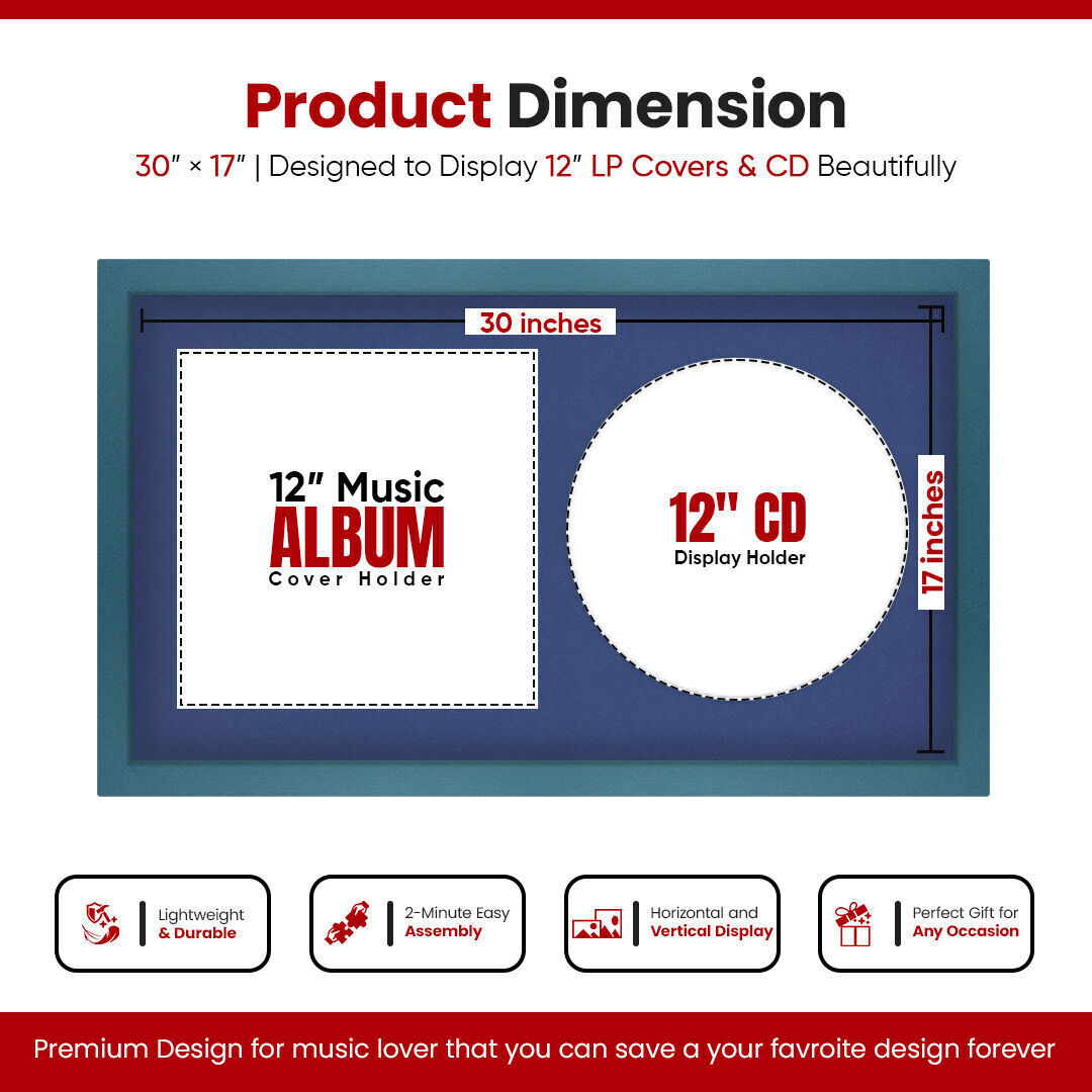 30X17" Navy Blue Modern Vinyl Record Frame With Blue Mount For Side-by-Side 12" LP Cover & Disc