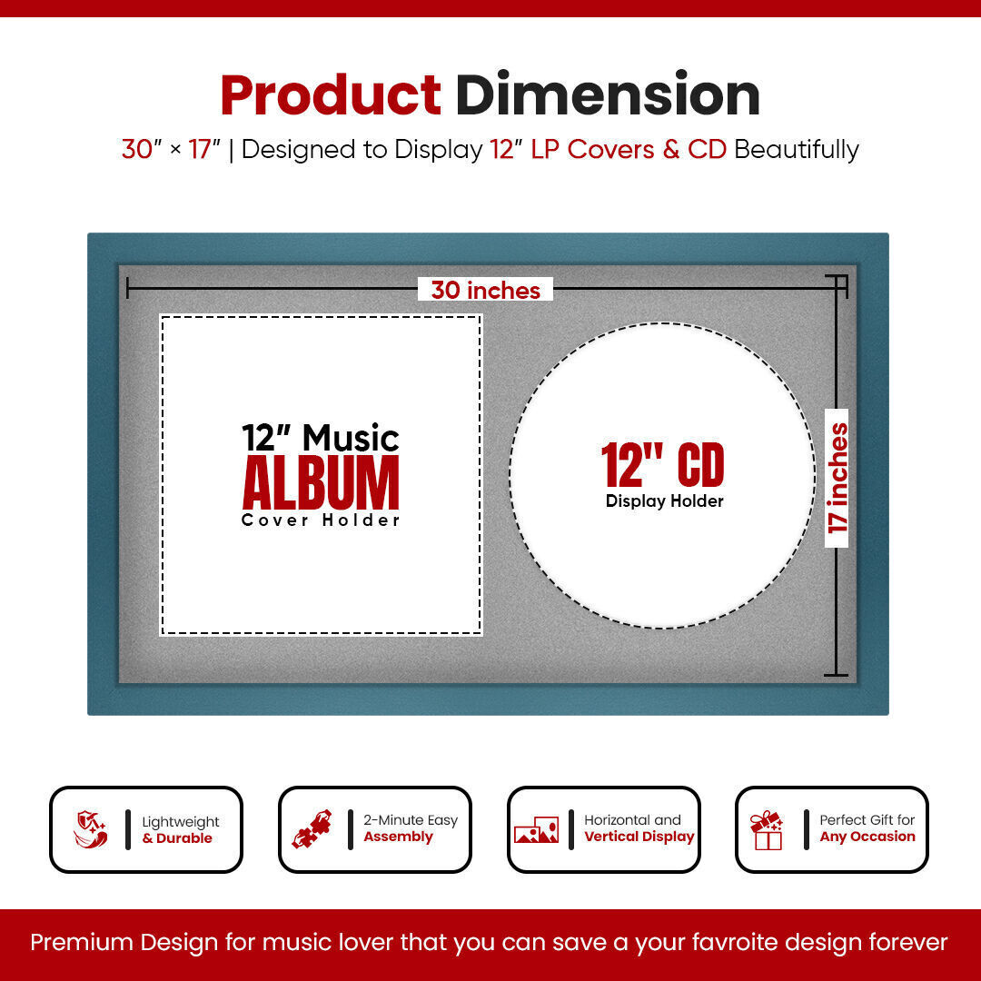 30X17" Navy Blue Modern Vinyl Record Frame For Side-by-Side 12" LP Cover & Disc With Silver Mount - For Music Lovers