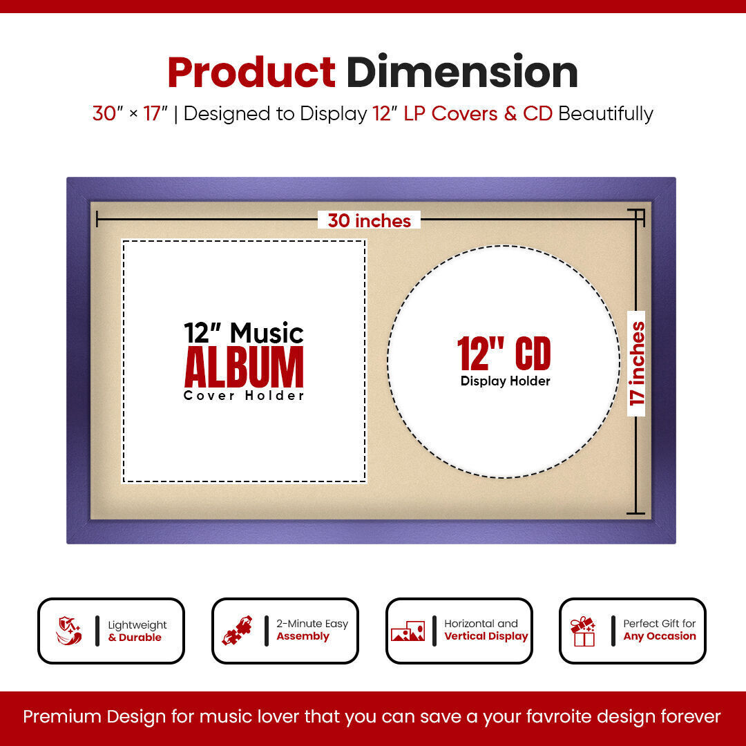 30X17" Purple Modern Vinyl Record Frame For Side-by-Side 12" LP Cover & Disc With Ivory Mount - For Music Lovers