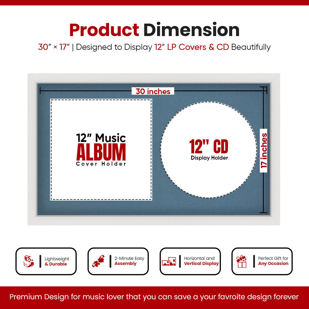 30X17" White Modern Vinyl Record Frame With Pompador Mount For Side-by-Side 12" LP Cover & Disc