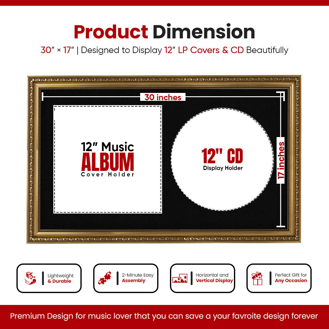 30x17" Ornate Gold Vintage Vinyl Record Frame With Black Mount For Side-by-Side 12" LP Cover & Disc - Premium Wall Décor