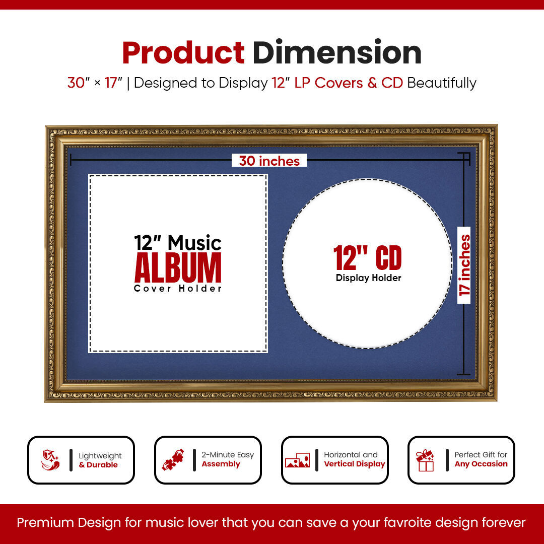 30x17" Ornate Gold Vintage Vinyl Record Frame With Blue Mount For Side-by-Side 12" LP Cover & Disc - Premium Wall Décor