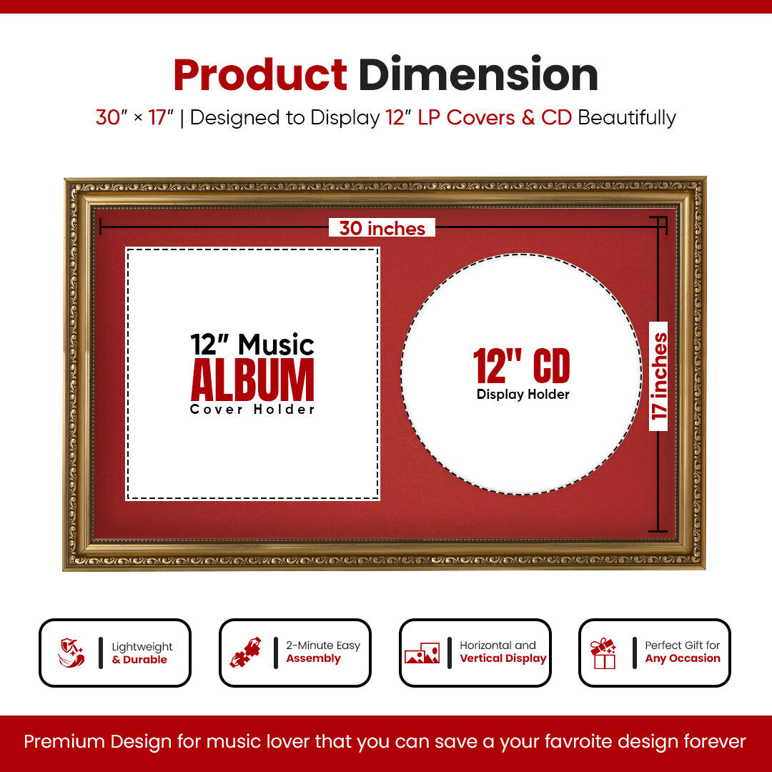 30x17" Ornate Gold Vintage Vinyl Record Frame With Crimson Mount For Side-by-Side 12" LP Cover & Disc - Premium Wall Décor