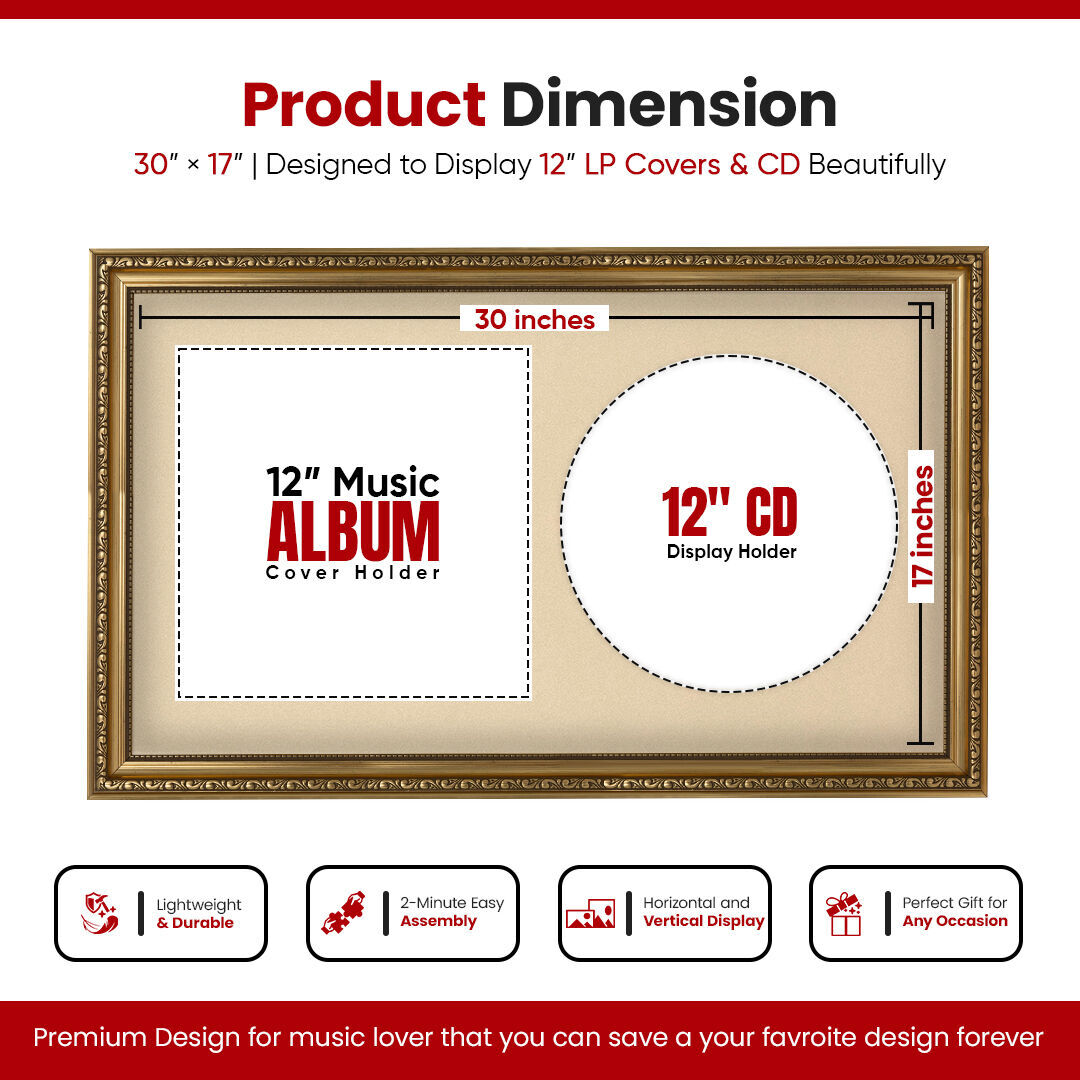 30x17" Ornate Gold Vintage Vinyl Record Frame With Ivory Mount For Side-by-Side 12" LP Cover & Disc - Premium Wall Décor