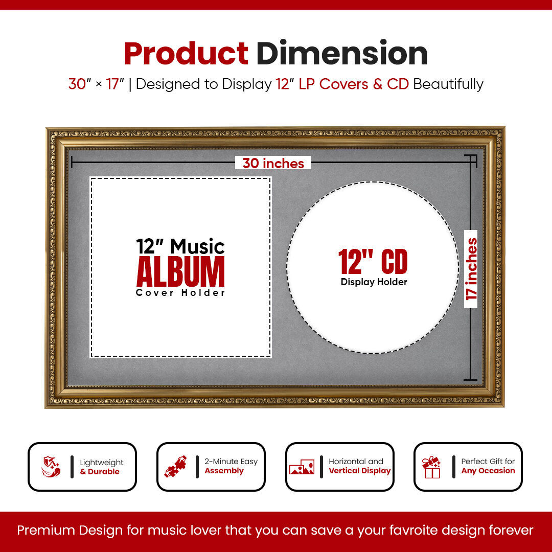 30x17" Ornate Gold Vintage Vinyl Record Frame With Mid Grey Mount For Side-by-Side 12" LP Cover & Disc - Premium Wall Décor