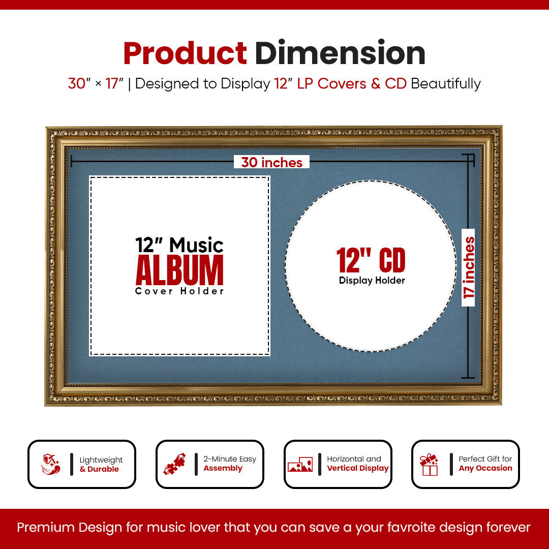 30x17" Ornate Gold Vintage Vinyl Record Frame With Pompadour Mount For Side-by-Side 12" LP Cover & Disc - Premium Wall Décor