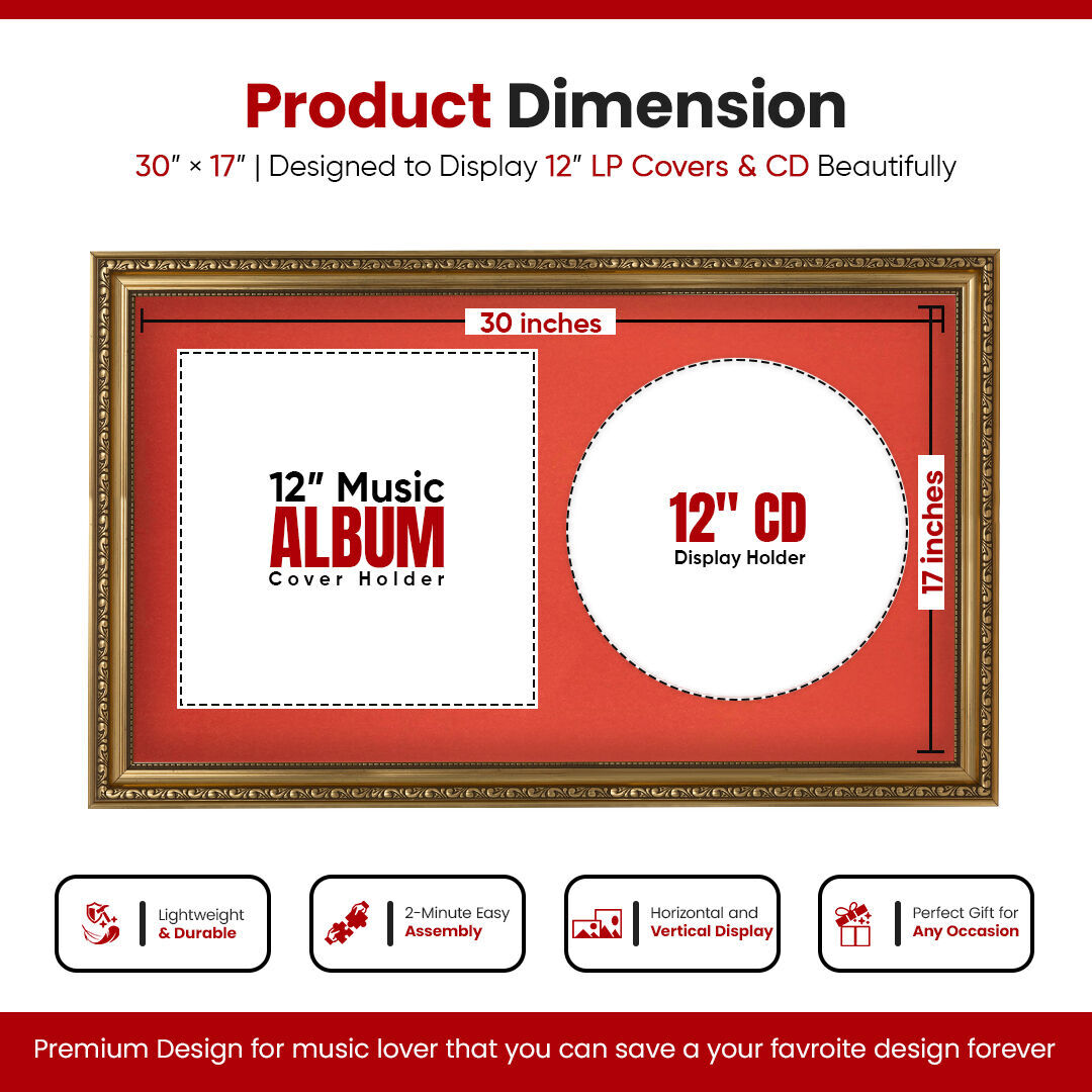 30x17" Ornate Gold Vintage Vinyl Record Frame With Poppy Red Mount For Side-by-Side 12" LP Cover & Disc - Premium Wall Décor