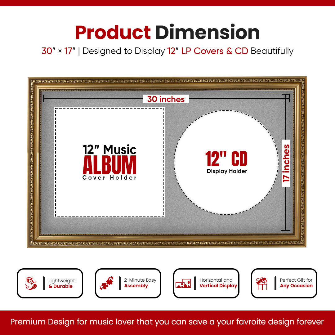 30x17" Ornate Gold Vintage Vinyl Record Frame With Silver Mount For Side-by-Side 12" LP Cover & Disc - Premium Wall Décor