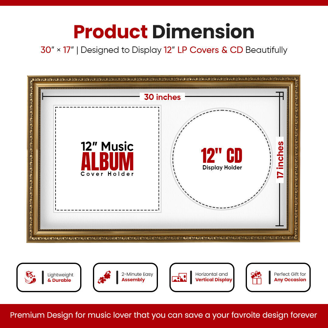 30x17" Ornate Gold Vintage Vinyl Record Frame With Ice White Mount For Side-by-Side 12" LP Cover & Disc - Premium Wall Décor