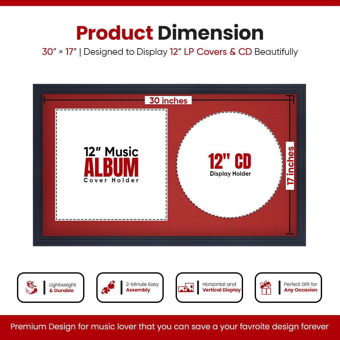 30X17" Black Step Vinyl Record Frame With Crimson Mount For Side-by-Side 12" LP Cover & Disc - Elegant Wall Display