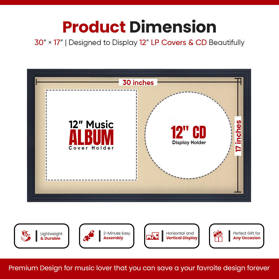 30X17" Black Step Vinyl Record Frame With Ivory Mount For Side-by-Side 12" LP Cover & Disc