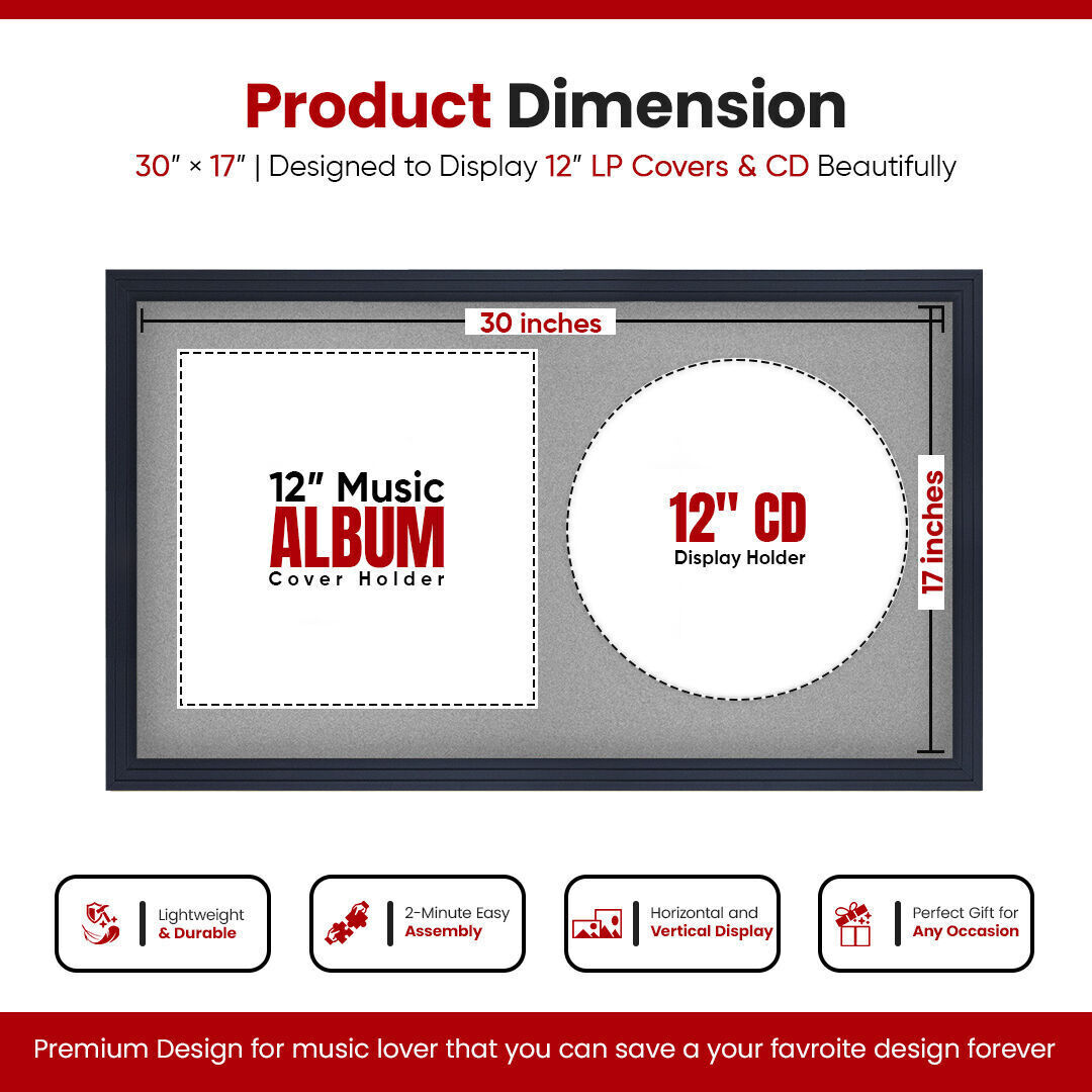 30X17" Black Step Vinyl Record Frame With Silver Mount For Side-by-Side 12" LP Cover & Disc - Elegant Wall Display