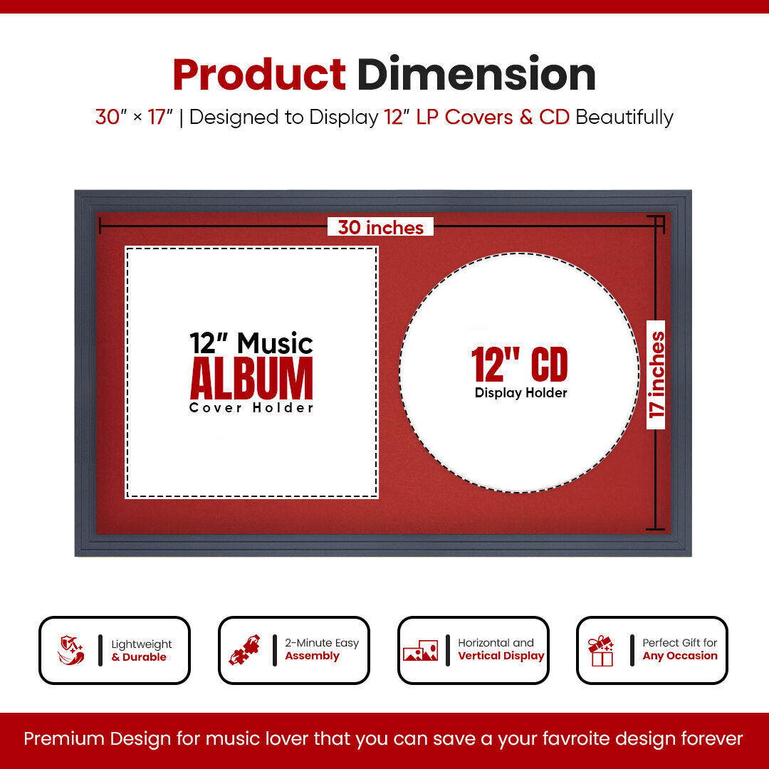 30X17" Dark Grey Step Vinyl Record Frame For Side-by-Side 12" LP Cover & Disc With Crimson Mount - For Music Lovers