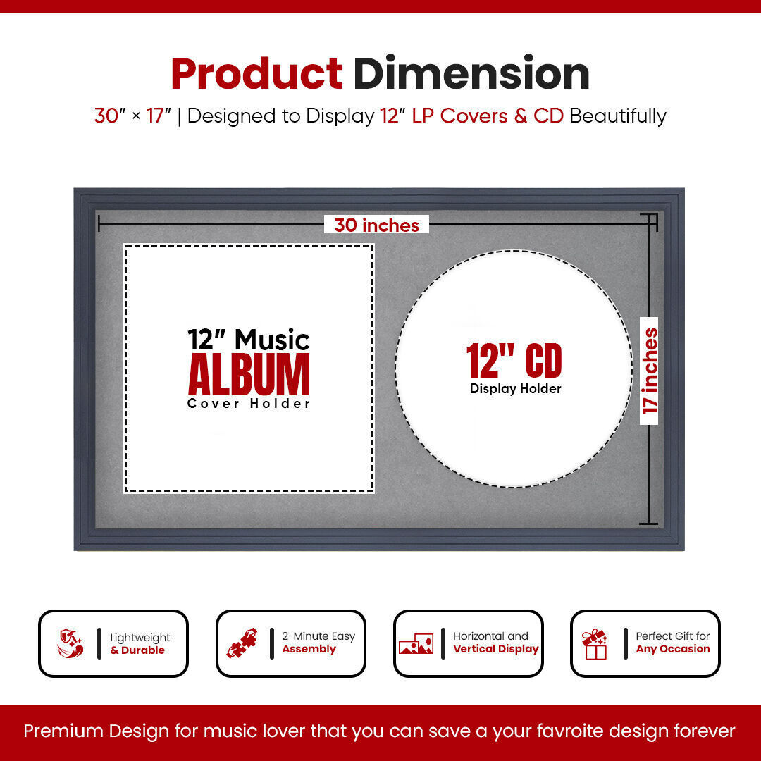 30X17" Dark Grey Step Vinyl Record Frame With Ice White Mount For Side-by-Side 12" LP Cover & Disc