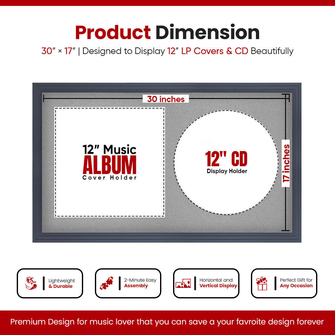 30X17" Dark Grey Step Vinyl Record Frame For Side-by-Side 12" LP Cover & Disc With Silver Mount - For Music Lovers
