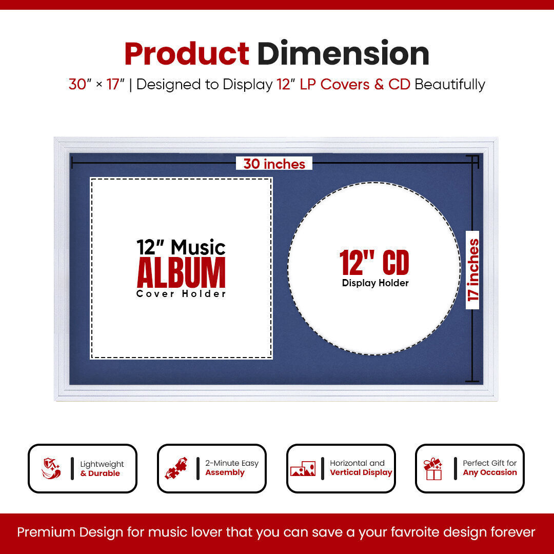 30X17" White Step Vinyl Record Frame For Side-by-Side 12" LP Cover & Disc With Blue Mount - For Music Lovers